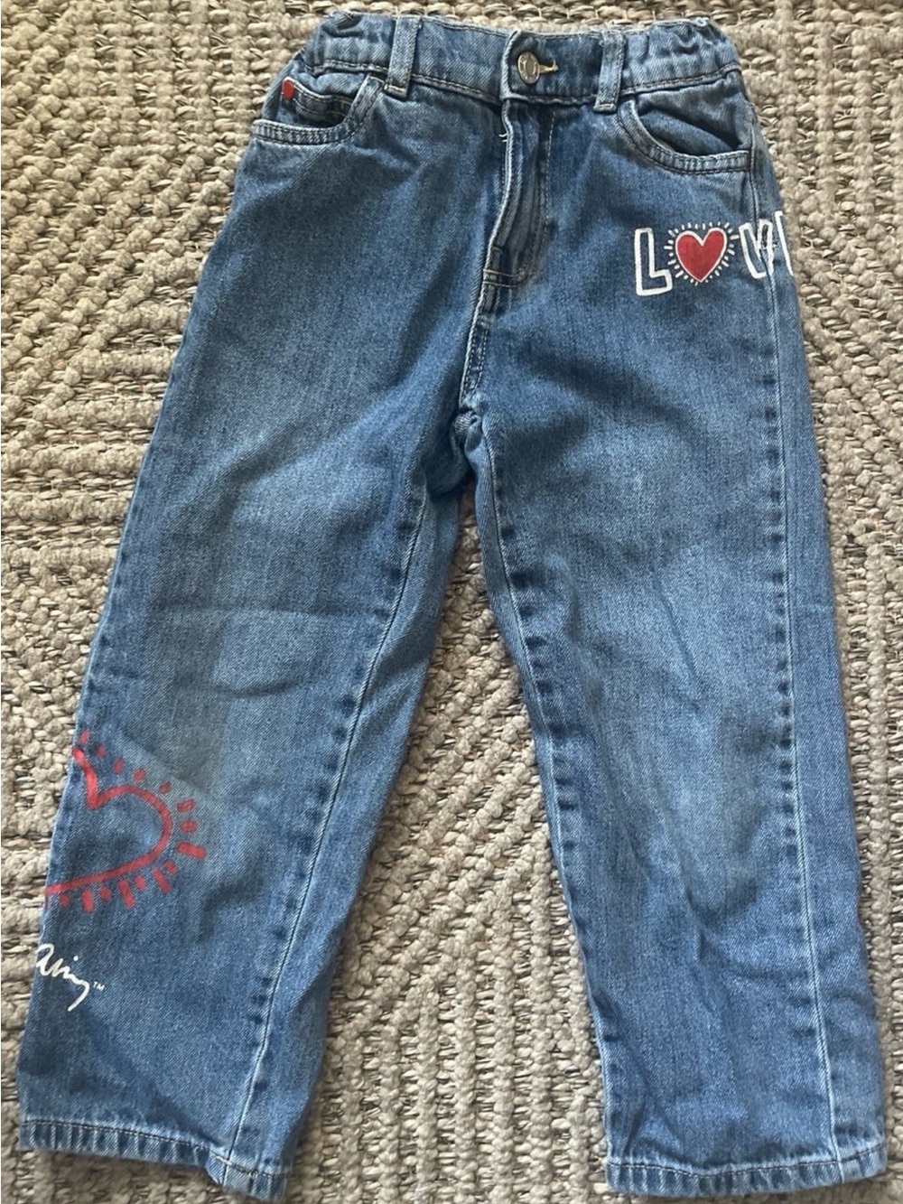 Zara Blue Denim Straight Jeans with Red Heart Detail